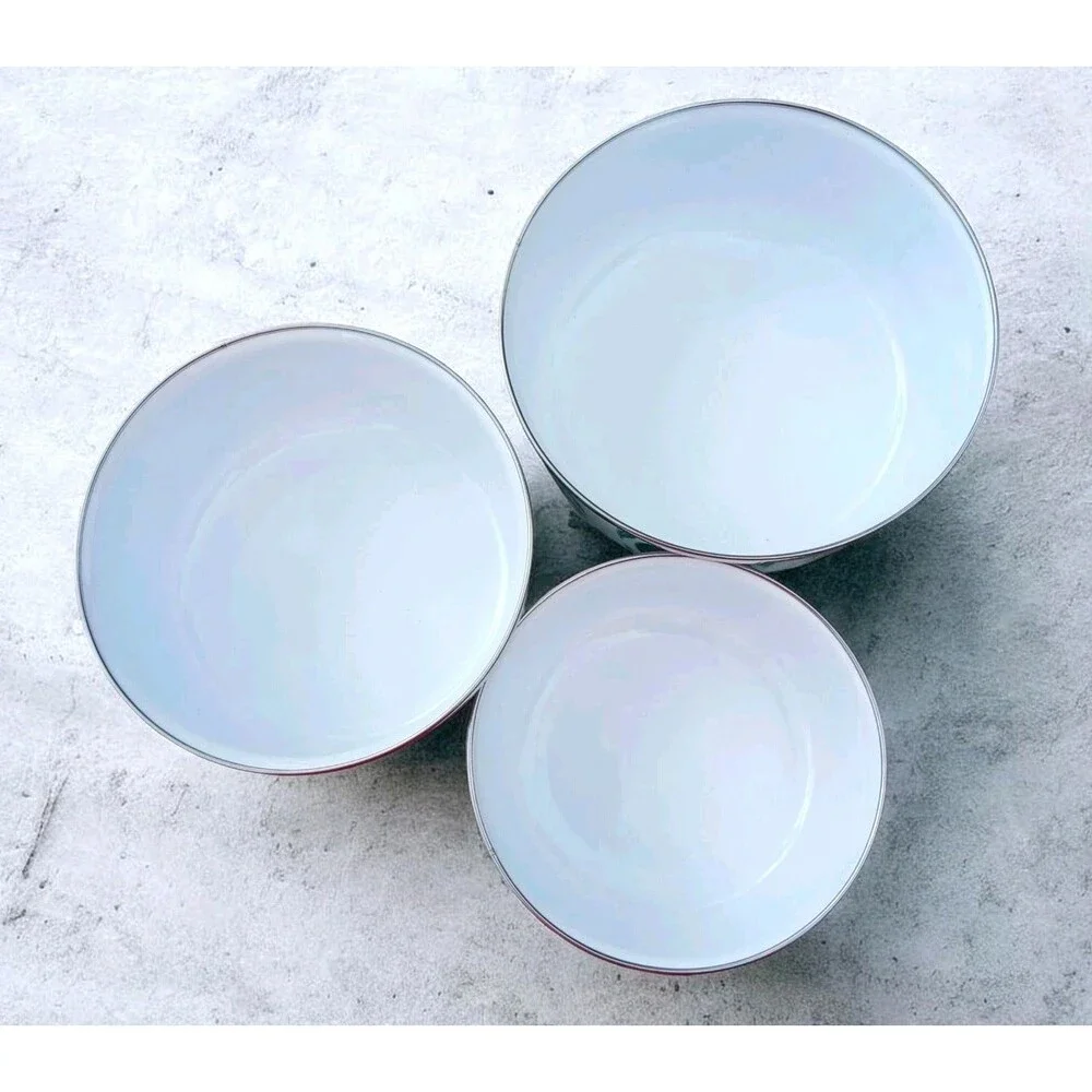 Vtg Set 3 Green White Sponge Heart Enamel Mixing Nesting Bowls Farmhouse Cottage